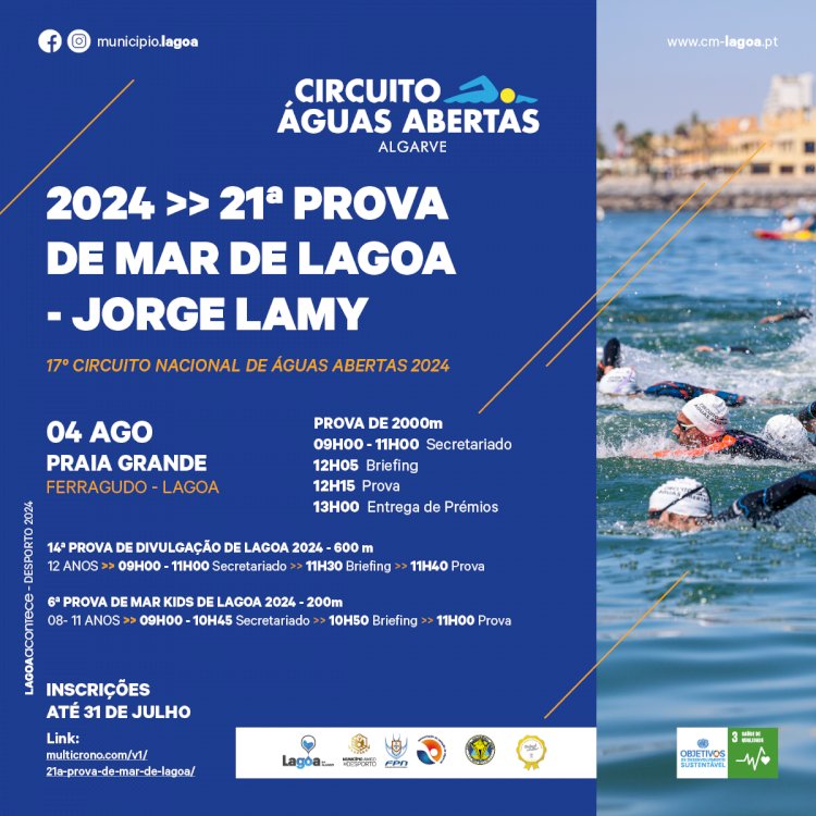 21.ª Prova de Mar de Lagoa "JORGE LAMY" - Circuito Nacional de Águas Abertas | 4 Agosto | Praia Grande - Ferragudo