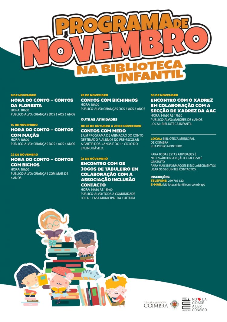 Biblioteca Infantil com Horas do Conto, jogos de tabuleiro e exposição de livros em Novembro